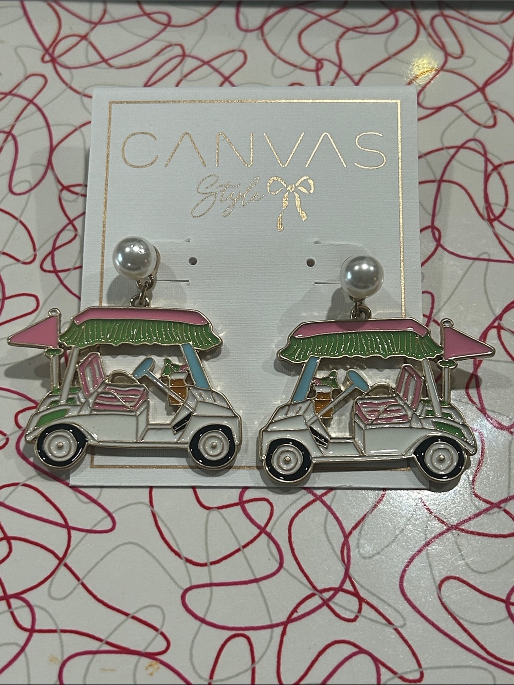 Canvas Style Bella Enamel Pink & Green Golf Cart Earrings